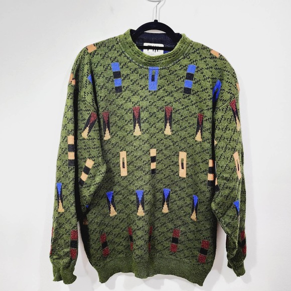 Vintage 90’s Fiii Mens Knit Sweater Green Made in Italy Crewneck Graphic Size L - Picture 1 of 11